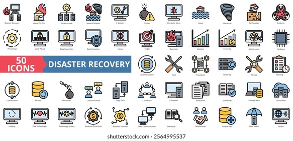 Disaster recovery icon collection set. Containing house on fire, infrastructure, natural disaster, it support, threats, computer virus, flood icon. Simple flat outline vector illustration