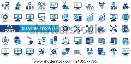 Disaster recovery icon collection set. Containing house on fire, infrastructure, natural disaster, it support, threats, computer virus, flood icon. Simple flat vector.