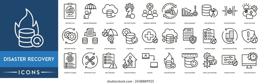 Icono de recuperación ante desastres. Plan de recuperación, preparación ante desastres, backup de datos, estrategia de recuperación, continuidad empresarial, gestión de crisis, restauración de datos, resistencia ante desastres y soluciones de backup.