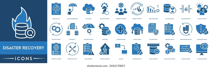 Disaster Recovery icon. Recovery Plan, Disaster Preparedness, Data Backup, Recovery Strategy, Business Continuity, Crisis Management, Data Restoration, Disaster Resilience and Backup Solutions icon.