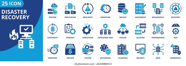 disaster recovery icon set collection in dual tone style. an icon pack contain backup, failover, redundancy, replication, recovery, resilience, downtime, restore, infrastructure, disruption