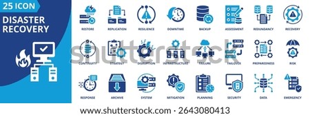 disaster recovery icon set collection in dual tone style. an icon pack contain backup, failover, redundancy, replication, recovery, resilience, downtime, restore, infrastructure, disruption