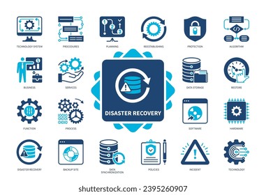 Disaster Recovery-Symbol festgelegt. Incident, Backup-Website, Prozeduren, Planung, Datenspeicherung, Wiederherstellung, Technologiesystem, Datensynchronisierung. Duotone-Farbsymbole