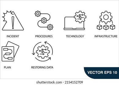 Disaster Recovery Icons Set . Desaster Recovery Pack Symbol-Vektorelemente für Infografik-Web