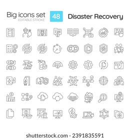 Disaster recovery linear icons set. Maintain infrastructure. Data loss prevention. Protect computer system. Customizable thin line symbols. Isolated vector outline illustrations. Editable stroke