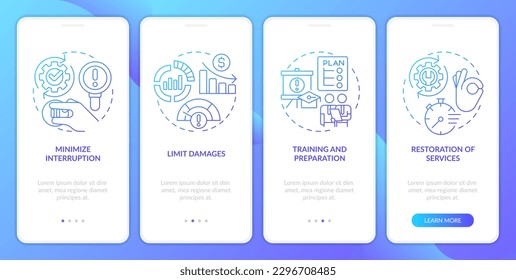 Disaster recovery plan benefits blue gradient onboarding mobile app screen. Walkthrough 4 steps graphic instructions with linear concepts. UI, UX, GUI template. Myriad Pro-Bold, Regular fonts used