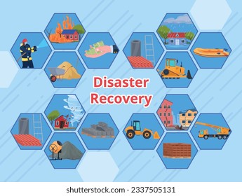 Plan infográfico de banner del programa de recuperación de desastres con elementos de diseño hexagonal e ilustración vectorial isométrica. Servicio de restauración manual dinero inversión construcción de edificios industriales extinción de incendios