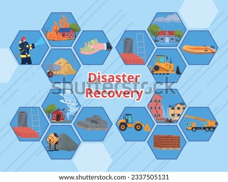 Disaster recovery program banner infographic plan with hexagonal design elements isometric vector illustration. Manual restore service money investment industrial building construction firefighting