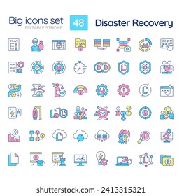 Disaster recovery RGB color icons set. Maintain infrastructure. Data loss prevention. Protect computer system. Isolated vector illustrations. Simple filled line drawings collection. Editable stroke