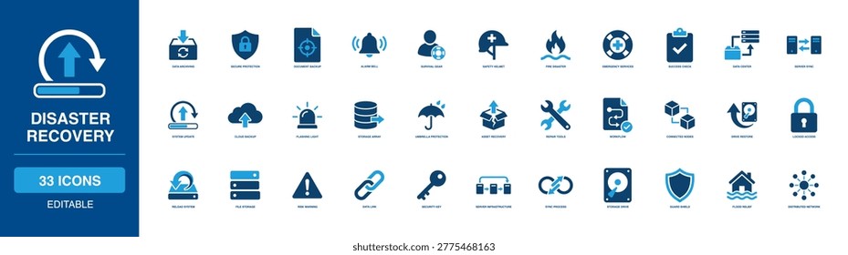 Disaster Recovery solid icon set featuring data archiving, fire emergency, secure protection, and server sync; practical visual aids for cloud backup, storage array, system repair workflow.