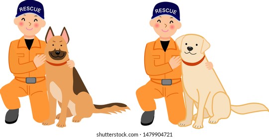 Disaster relief crew and disaster rescue dog