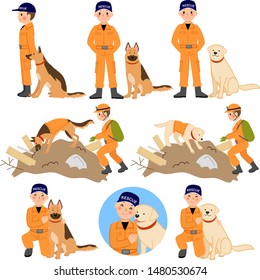 Disaster Relief Crew And Disaster Rescue Dog