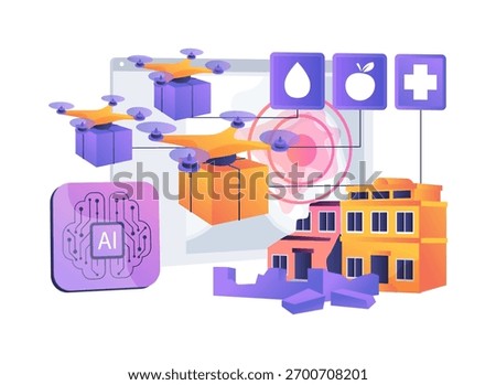 Disaster Relief Drone Swarm abstract concept vector illustration. Drone swarm delivers first aid supplies and food to disaster zones where roads are impassable. abstract metaphor.