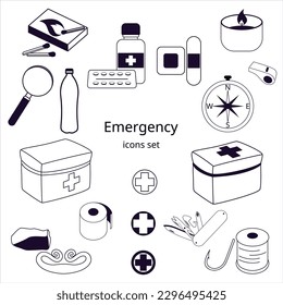 Disaster relief kit, emergency kit contents, vector