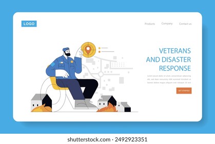 Disaster response concept. A confident veteran coordinating relief efforts on a digital map amidst destruction. Strategic crisis management and support. Vector illustration.