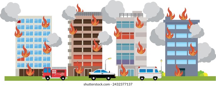 Escena de desastre por incendio urbano en edificio comercial de gran altura