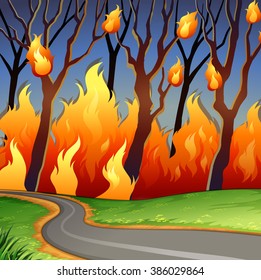 Disaster scene of forest fire illustration