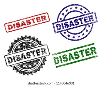 DISASTER seal prints with distress style. Black, green,red,blue vector rubber prints of DISASTER tag with unclean texture. Rubber seals with circle, rectangle, medal shapes.