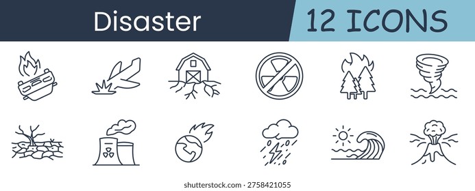 Disaster set icon. Fire log, plane crash, earthquake house, no radiation, forest fire, tornado, drought, nuclear plant, meteor, storm, tsunami, volcano, emergency
