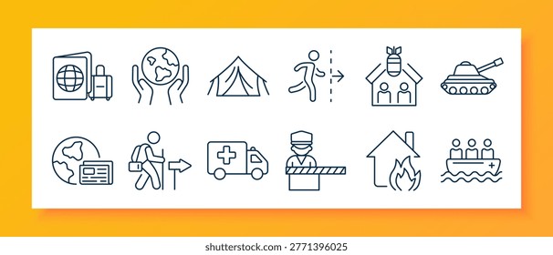 Disaster set icon. Radiation symbol, meteor impact, airplane crash, emergency siren, temperature rise, skull danger, tsunami wave, car collision, volcano eruption, tornado storm, alarm signal