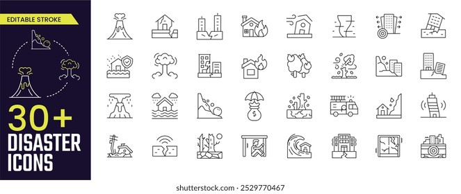 Coleções de ícones do Traço de desastre. Contendo ícones de desastres, naturais, simples, terremotos, ícones, acidentes e trovões. Ícone de traçado editável coleção Ícone de estrutura de tópicos