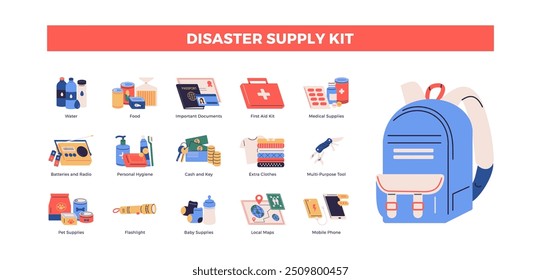 Disaster supply kit infographic illustration. Set of with survival kit objects. Survival emergency kit for evacuation or disasters with supplies, food, clothes. Flat color icons vector design