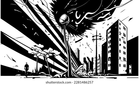 Ilustración de línea negra vectorial de desastre aislada blanca. Dibujo artístico