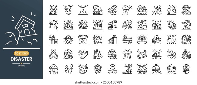 Disaster vector line icon set. Contains linear outline icons like volcano, hurricane, thunder, accident, wave, flood, earthquake, danger, tornado, storm, eruption, pollution. Editable use and stroke.