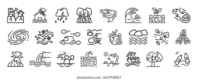 Disaster, weather hazard line icon set. Natural and environmental calamities, wildfire, earthquake, tornado, flood, water pollution, tsunami, volcanic eruption, blizzard linear vector illustration.