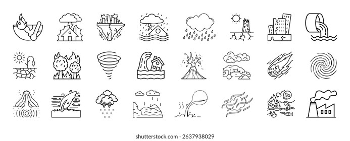 Disaster, weather hazard line icon set. Natural and environmental calamities, wildfire, earthquake, tornado, flood, water pollution, tsunami, volcanic eruption, blizzard linear vector illustration.