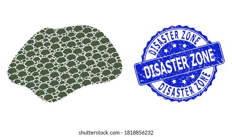 Zona de Desastre textura de sello redondo y mosaico fractal vector simple. El sello azul contiene la etiqueta Zona de Desastre en forma redonda. El mosaico vectorial está hecho con iconos simples dispersos por puntos.
