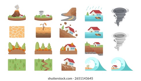 Disasters Flat Design Collection: Terremoto, Tsunami, deslizamento de terras, etc