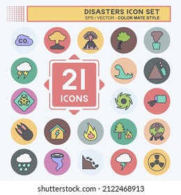 Disasters Icon Set in trendy color mate style isolated on soft blue background