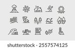 Disasters icons. Set of 15 disasters trendy minimal icons. Example: volcano, virus, flood, Tornado, fire icon. Design signs for web page, mobile app, packaging design. Vector illustration.