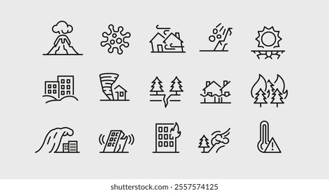 Disasters icons. Set of 15 disasters trendy minimal icons. Example: volcano, virus, flood, Tornado, fire icon. Design signs for web page, mobile app, packaging design. Vector illustration.