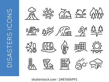 Disasters icons. Set of 20 disasters trendy minimal icons. Example: volcano, virus, flood, Tornado, fire icon. Design signs for web page, mobile app, packaging design. Vector illustration.