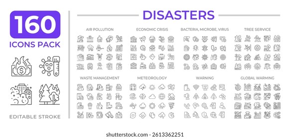 Disasters line icons set collection. Natural and technological catastrophes. Danger management mega pack of linear pictograms, pixel perfect. Isolated vector illustrations. Editable stroke
