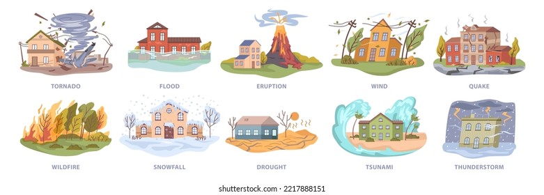 Desastres y catástrofes naturales, inundaciones y tornados, erupción y viento, terremotos y incendios forestales, nevadas y sequías, maremotos y tormentas. Vector de estilo plano