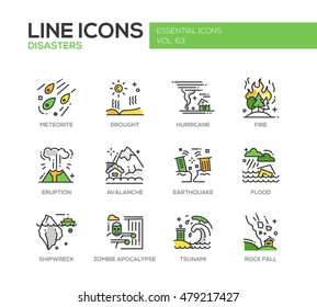 Disasters - set of modern vector line design icons and pictograms. Meteorite, drought, hurricane, fire, volcano eruption, avalanche, earthquake, flood, shipwreck, zombie apocalypse tsunami rock fall