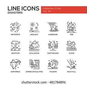 Desastres - conjunto de ícones de design de linha simples vetor moderno e pictogramas. Meteorito, seca, furacão, fogo, erupção vulcão, avalanche, terremoto, inundação, naufrágio, apocalipse zumbi, tsunami