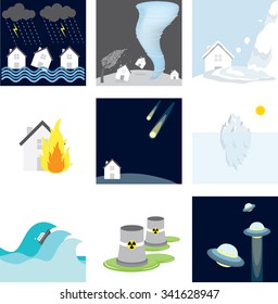 Disasters: Storm, thunder, hurricane, tornado, avalanche, fire, meteorites, heatwave, tidal waves, nuclear, UFOs