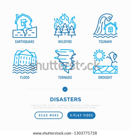 Disasters thin line icons: earthquake, wildfire, tsunami, tornado, hurricane, flood. Vector illustration.