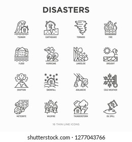 Disasters thin line icons set: earthquake, tsunami, tornado, hurricane, flood, landslide, drought, snowfall, eruption, thunderstorm, avalanche, meteorite, wildfire. Modern vector illustration.