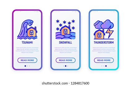 Disasters thin line icons set: tsunami, snowfall, thunderstorm. Vector illustration for user mobile interface.