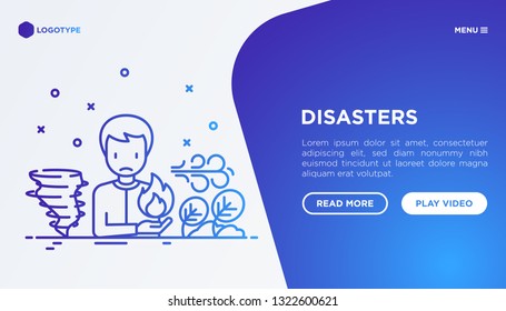 Disasters web page template with thin line icons: tornado, hurricane, thunderstorm. Vector illustration.
