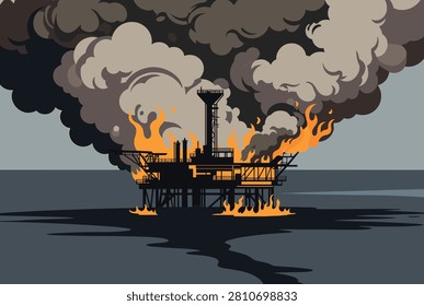 Disastrous fire engulfs an offshore oil platform at sea with massive plumes of thick black smoke rising into the sky during an accident.