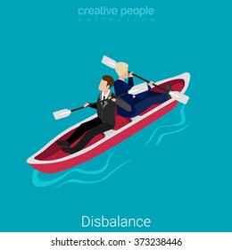 Disbalance misunderstanding flat 3d isometry isometric business concept web vector illustration. Two businessmen rowing opposite sides in one boat. Creative people collection.