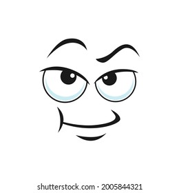 Disbelief emoticon expression, distrusted sad mood emoji isolated line art icon. Vector suspicious emoticon with angry face. Distrustful emoji with big eyes curved smile, doubtful or questioned smiley