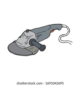 Disc and angle grinder electric machine tool, hand drawn illustration. Portable circular machinery original drawing. Isolated metal cutter, construction equipment single logo decoration.