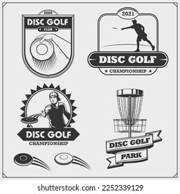 Disc ball badges, labels and design elements. Sport club emblems. Print design for t-shirt.